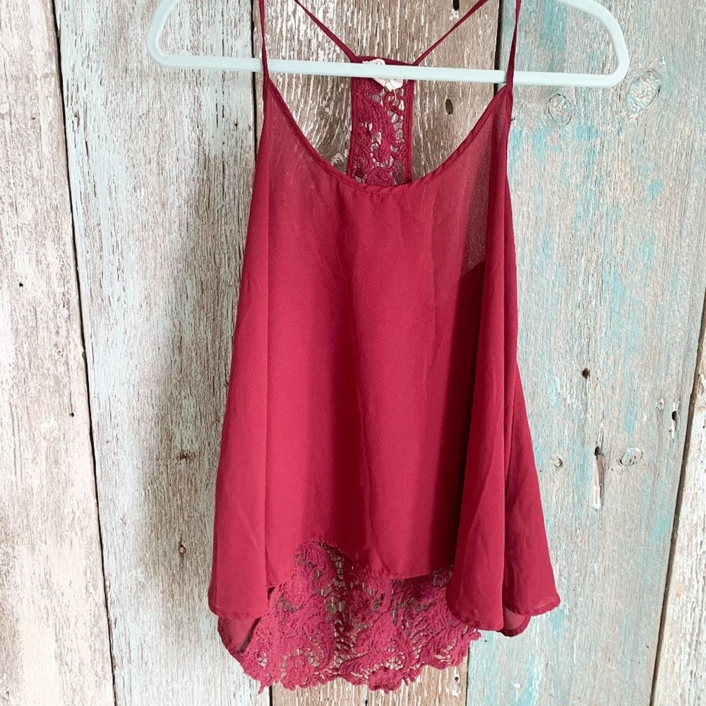 LA Hearts Maroon Lace Back Sheer Tank Top Medium - Picture 2 of 7